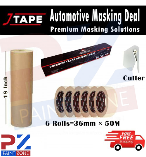 J MASKING TAPE AUTOMOTIVE 36MM x 50M MASKING POLY FILM 120M, 18" PAPER EASY TEAR